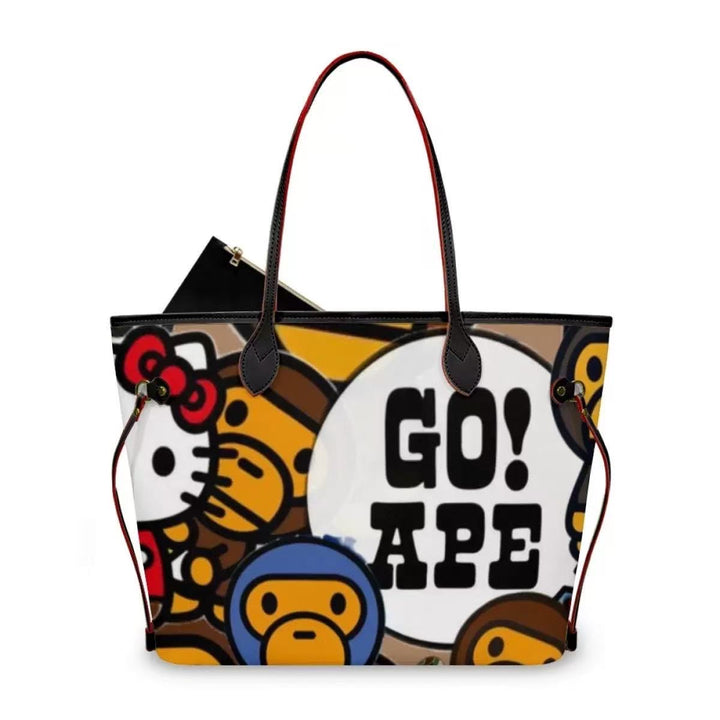 Cartoon Kitty & Ape Graphic Tote Bag with Pouch – Large Shoulder Bag