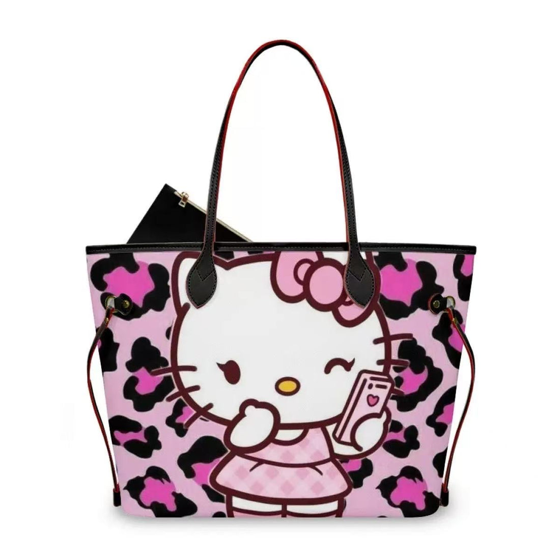 Pink Kitty Leopard Print Tote Bag with Pouch – Large Shoulder Handbag