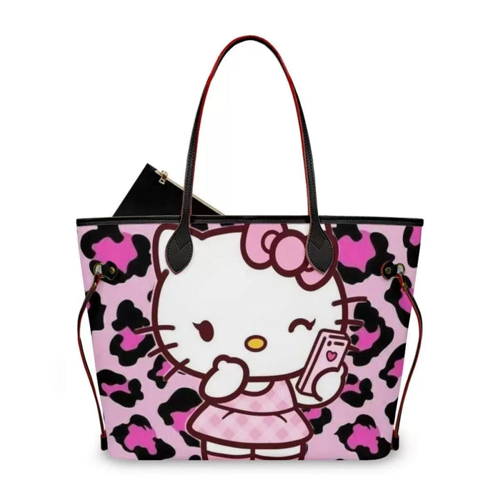 Pink Kitty Leopard Print Tote Bag with Pouch – Large Shoulder Handbag